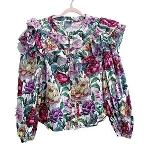 Aura Multicolor XL Floral Blouse Button Up Ruffle Cotton Cottagecore Prairie